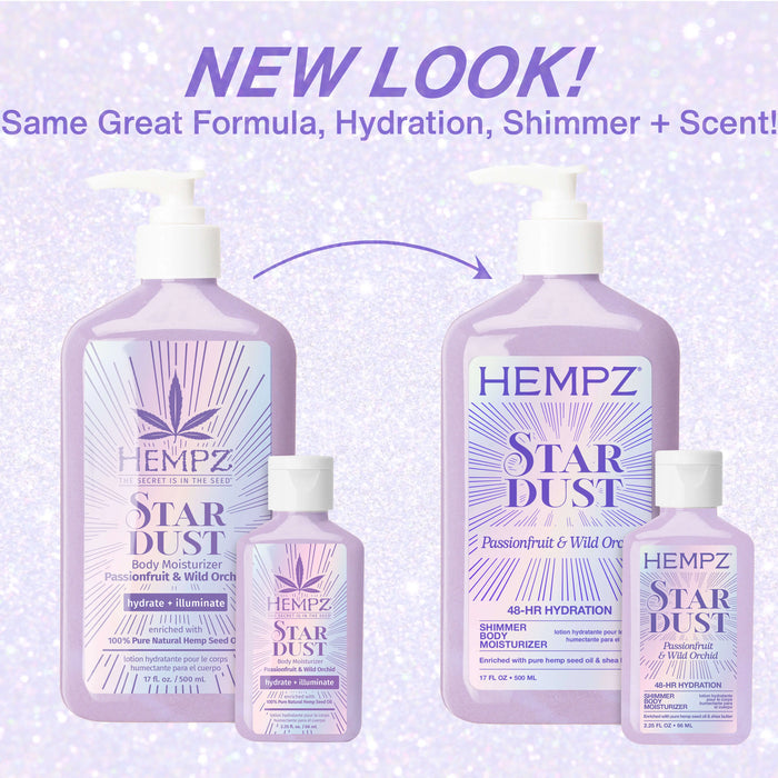 Hempz Star Dust body moisturizer bottles with a purple gradient background and text indicating a 'New Look'.