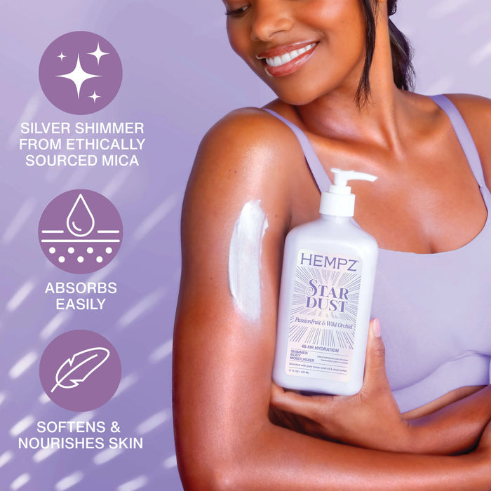 Woman holding Hempz Star Dust product with features listed on a purple background