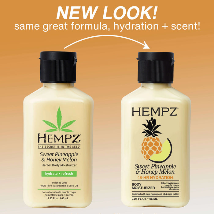 Two bottles of Hempz Sweet Pineapple & Honey Melon body moisturizer on a gradient background with text about new look and formula.