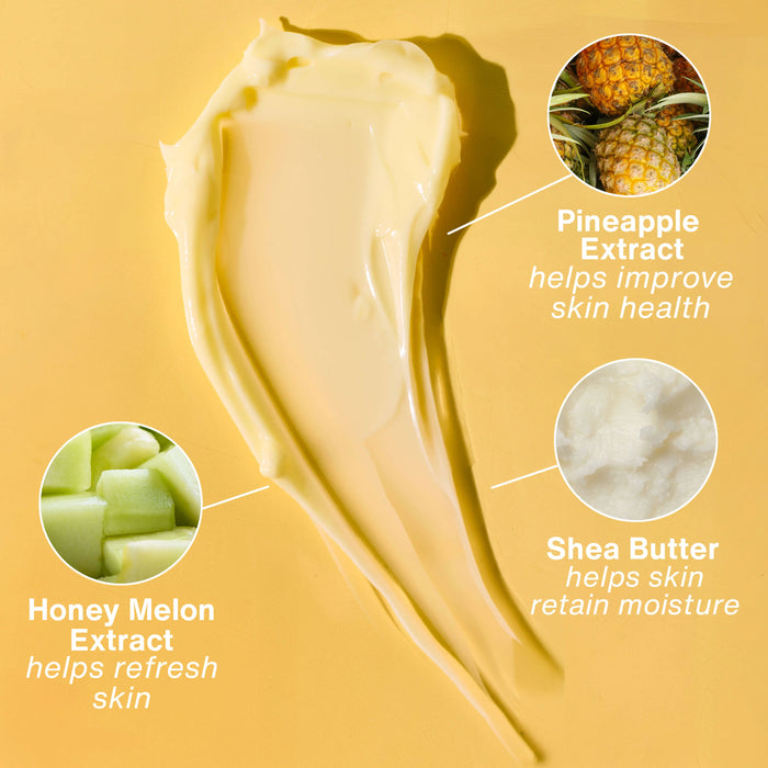 Close-up of a yellow cream with pineapple, honey melon, and shea butter text on a yellow background