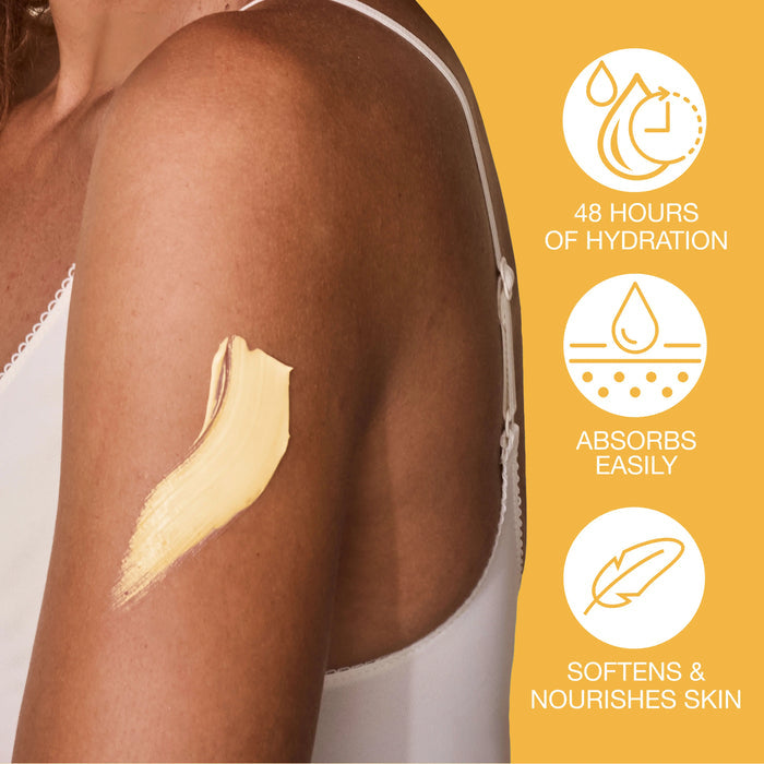 Woman's arm with a skincare product application on a yellow background with product benefits text.