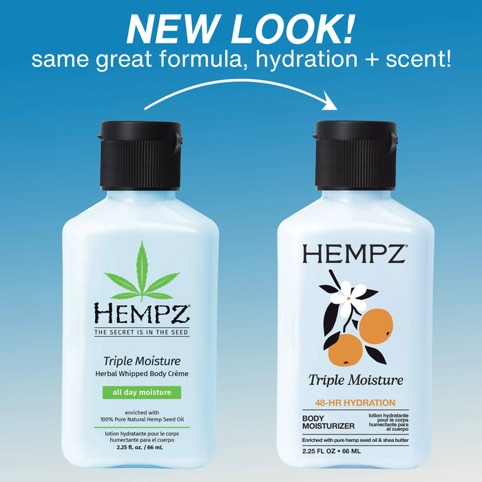 Two Hempz Triple Moisture body cream bottles with a blue gradient background and text indicating a new look.