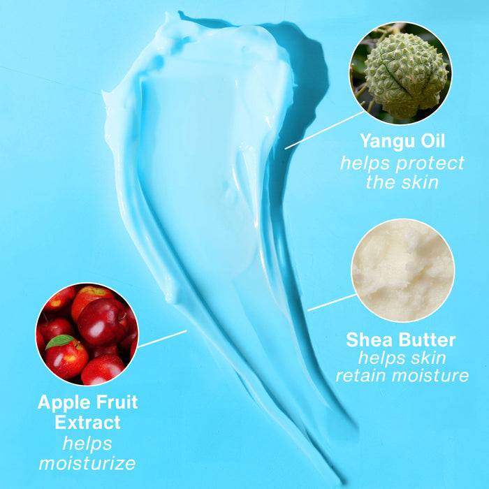 Blue skincare product with ingredients and benefits on a blue background