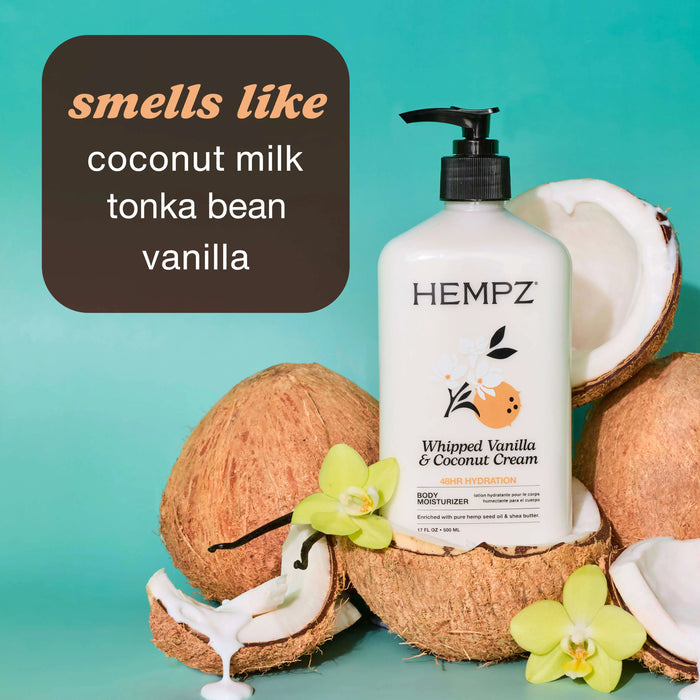 Hempz whipped vanilla and coconut cream product with coconuts and flowers on a teal background