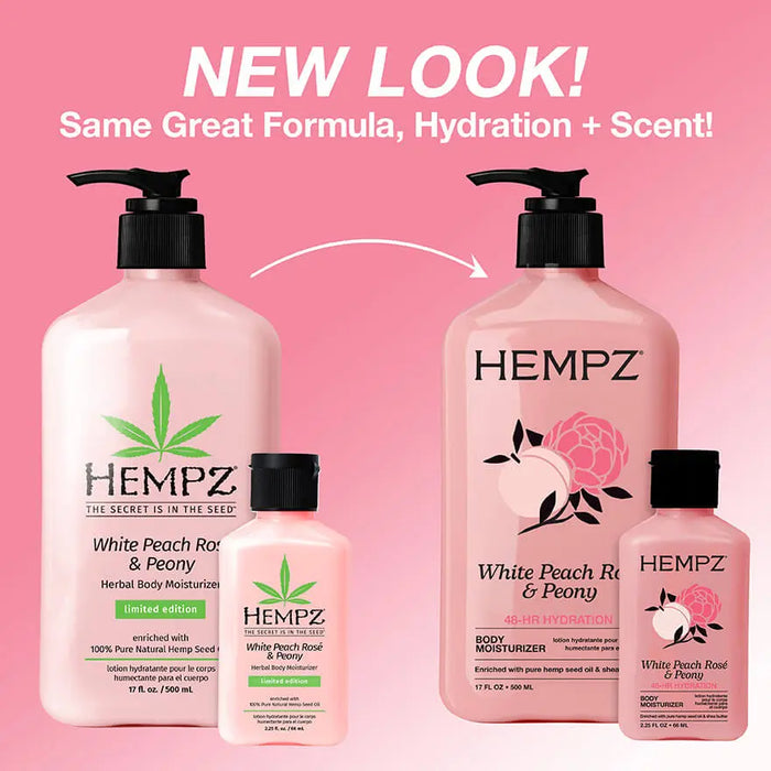 Hempz White Peach Rose & Peony body moisturizer bottles on a pink background with text about new look and formula.