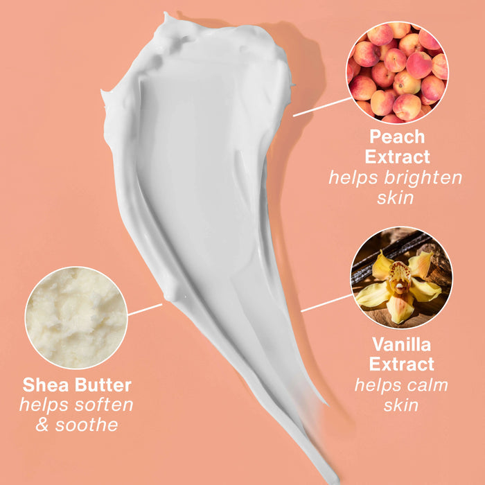 White cream with peach extract, vanilla extract, and shea butter on a peach background