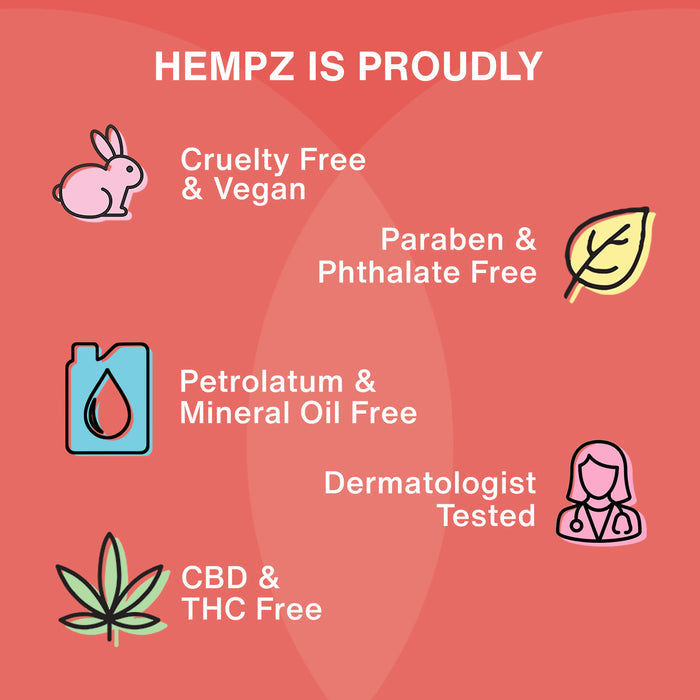 Hempz product line features with icons and text on a red background