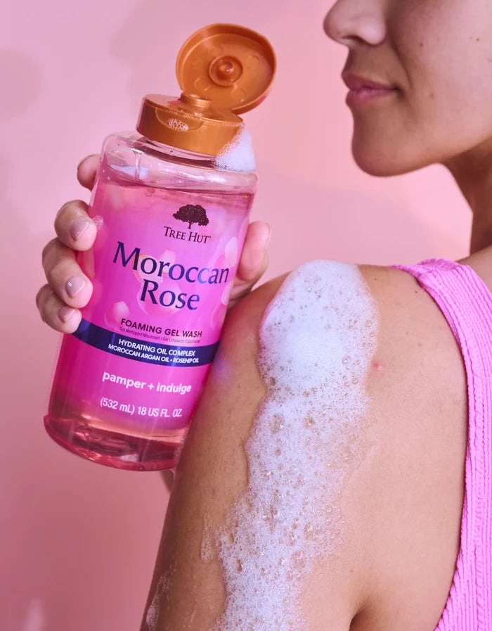 TREE HUT Moroccan rose foaming gel wash hydrating oil complex Moroccan argan oil + rosehip oil  غسول جل تري هت الرغوي برائحة الورد المغربي