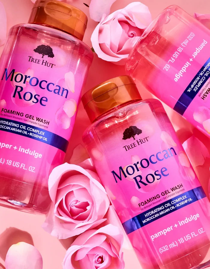 TREE HUT Moroccan rose foaming gel wash hydrating oil complex Moroccan argan oil + rosehip oil  غسول جل تري هت الرغوي برائحة الورد المغربي