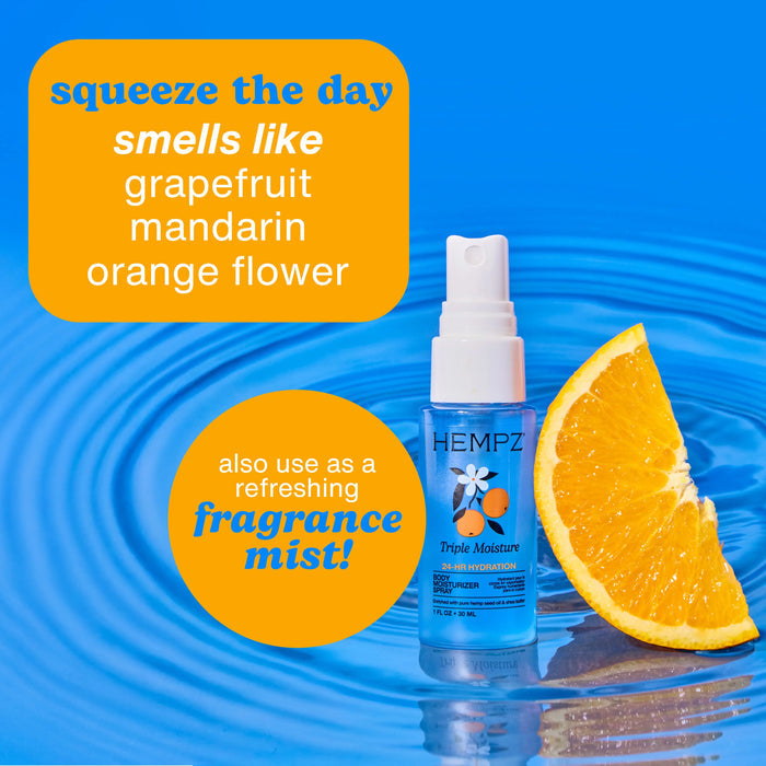 Hempz Triple Moisture Body Moisturizer Spray bottle fragrance notes of grapefruit, mandarin, and orange flower