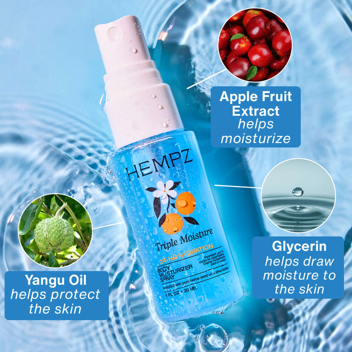 Hempz Triple Moisture Moisturizing Body Fragrance Spray with ingredient callouts on a water background