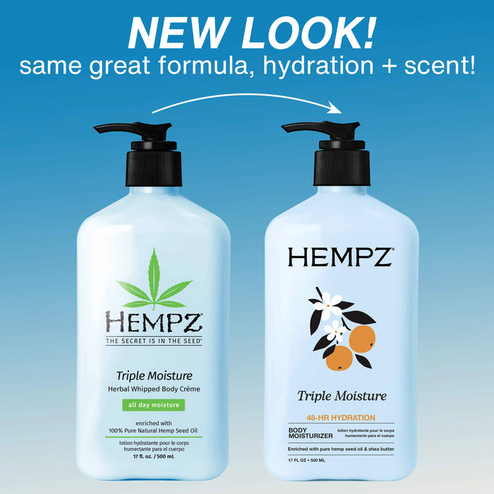 Two bottles of Hempz Triple Moisture body cream with a blue gradient background and text indicating a new look