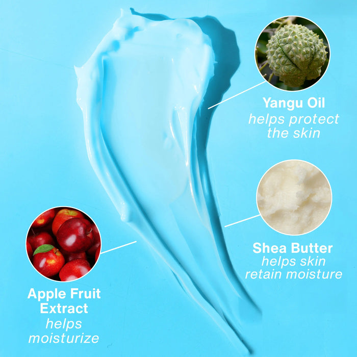 Hempz Triple Moisture lotion swatch with ingredient callouts including shea butter and yangu oil