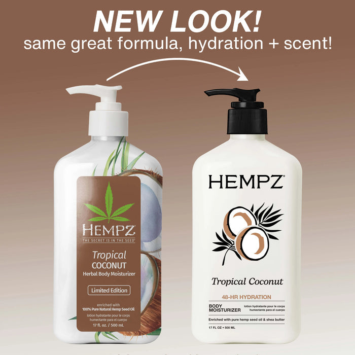 Two Hempz Tropical Coconut body moisturizer bottles with a brown gradient background.