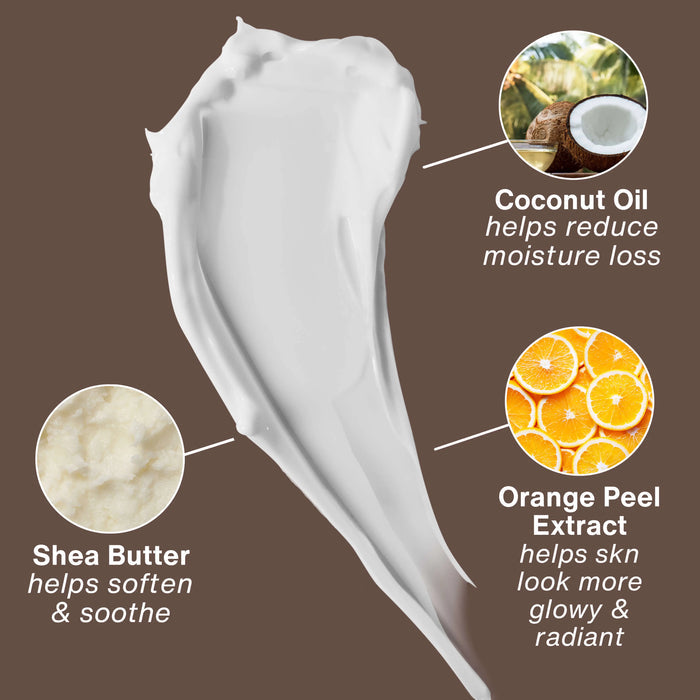 Skincare product with coconut oil, shea butter, and orange peel extract on a brown background