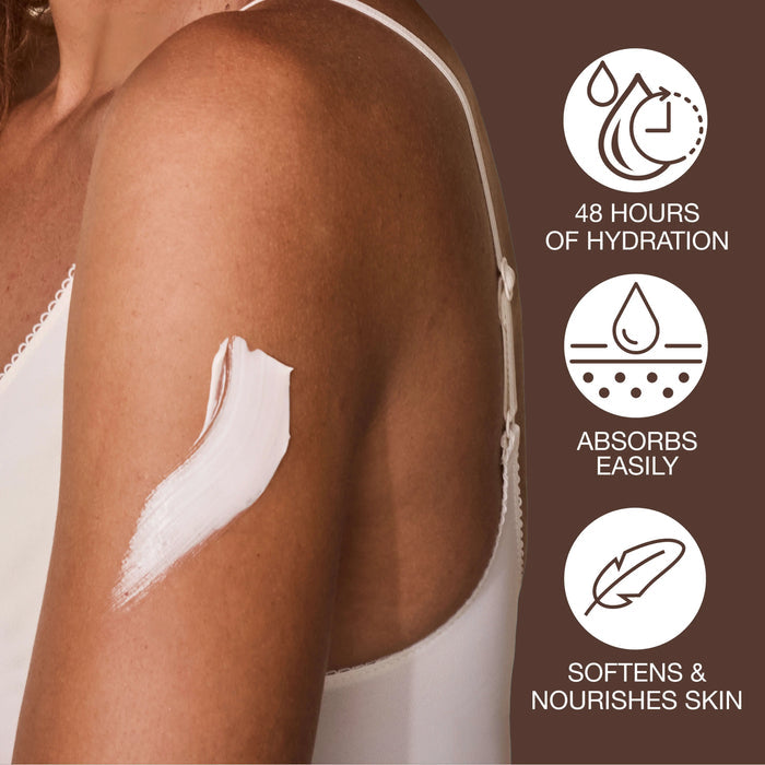 Woman's arm with a skincare product applied, featuring icons and text about product benefits.
