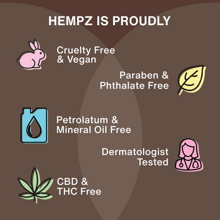 Hempz product label highlighting cruelty-free, vegan, paraben-free, phthalate-free, petrolatum-free, mineral oil-free, dermatologist-tested, CBD-free, and THC-free attributes on a brown background.