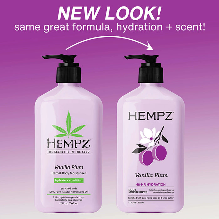Two Hempz Vanilla Plum body moisturizers on a purple background with text about new look and formula