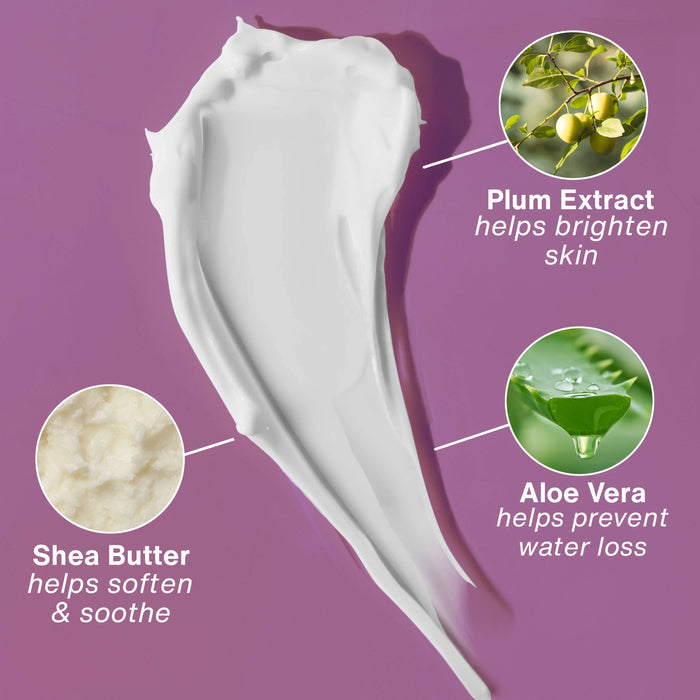 White cream with plum extract, shea butter, and aloe vera on a purple background