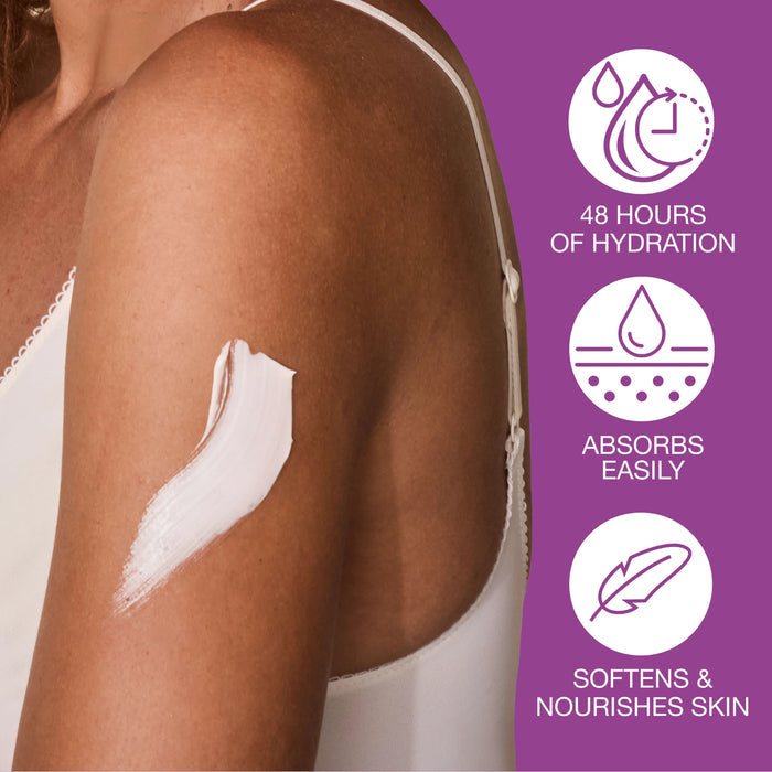 Woman's arm with a skincare product application and benefits listed on a purple background