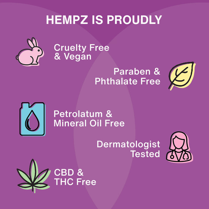 Hempz product label with icons and text on a purple background