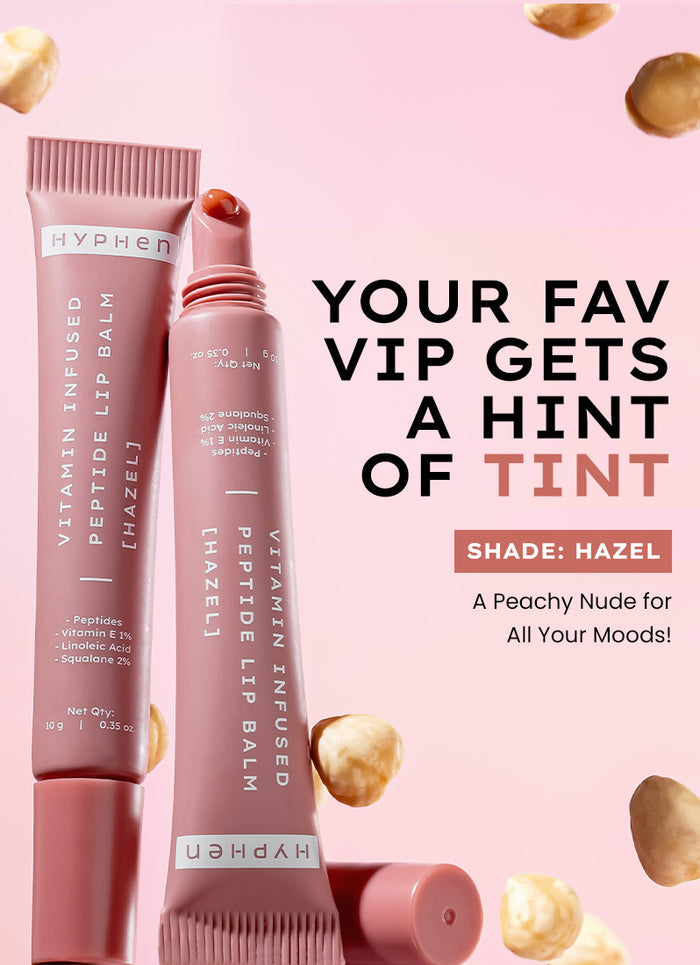 Hyphen VIP Hazel LIP Balm With 1% VIT E, 2% Squalane & Peptides - key ingredient breakdown infographic