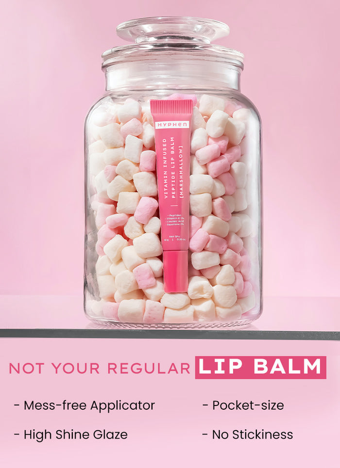 Hyphen VIP Marshmallow LIP Balm With 1% VIT E, 2% Squalane & Peptides - skin concern targeting infographic