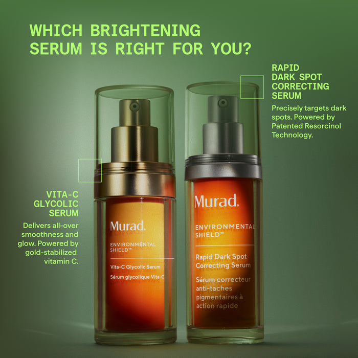 Two Murad serum bottles with product descriptions on a green background
