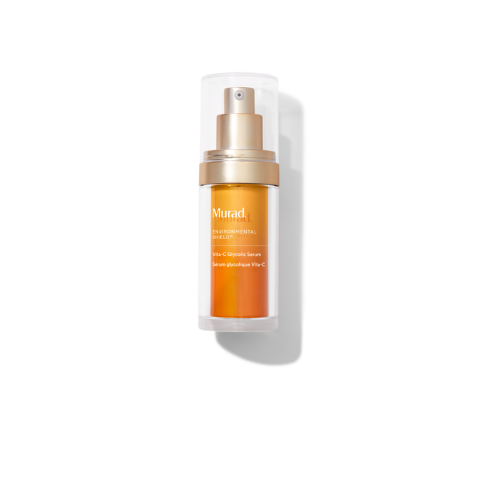 Murad Environmental Repair Vial C-Elastin Serum in a clear cylindrical bottle with amber-orange liquid, a metallic gold pump, and a transparent cap, shown on a white background with a soft shadow.