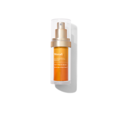 Murad Environmental Repair Vial C-Elastin Serum in a clear cylindrical bottle with amber-orange liquid, a metallic gold pump, and a transparent cap, shown on a white background with a soft shadow.