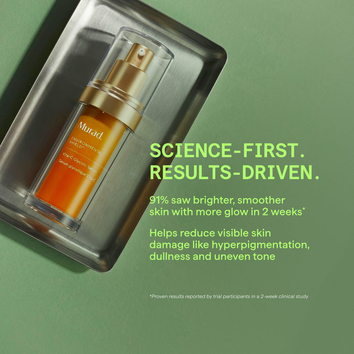 Skincare serum bottle with promotional text on a green background