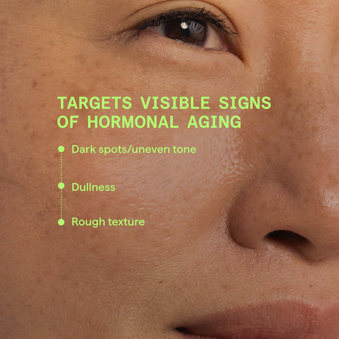 Close-up of a person's face with text highlighting the effects of hormonal aging.