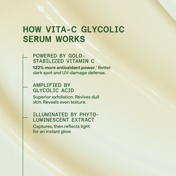 Text detailing how a Vita-C Glycolic Serum works on a beige background