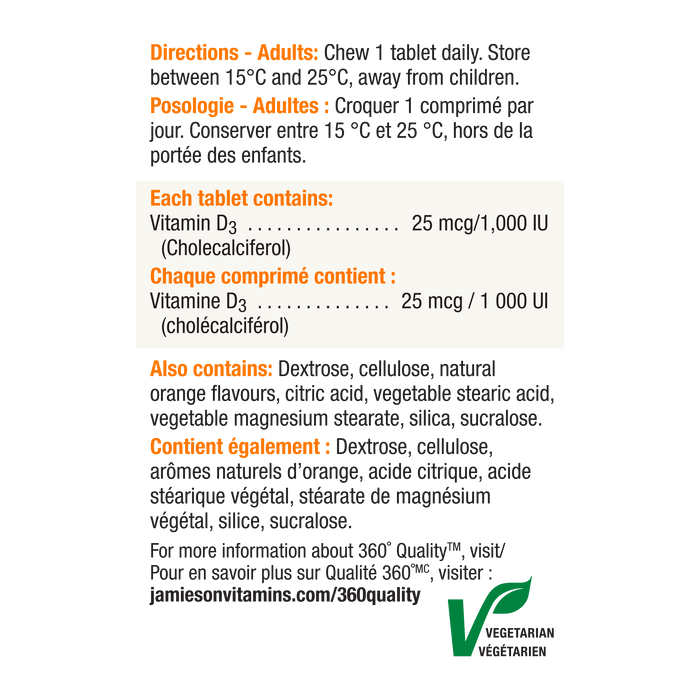 31000444 Jamieson Vitamin D3 Chewables 1,000 IU Tablet 6171_R2023_D3_Chew_Orange_250cc_NFP