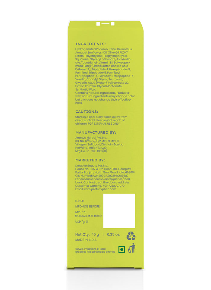 Hyphen Vitamin Infused Peptide LIP Balm - Vanilla - back-of-pack ingredients panel