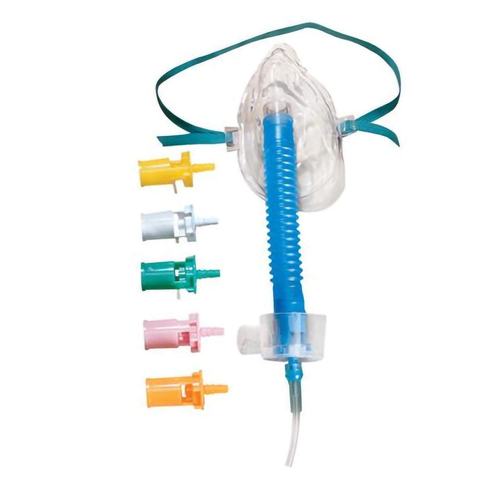 A transparent oxygen mask with a flexible blue tube and various colored connectors is displayed against a white background.