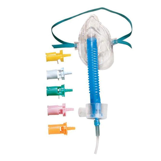 A transparent oxygen mask with a flexible blue tube and various colored connectors is displayed against a white background.
