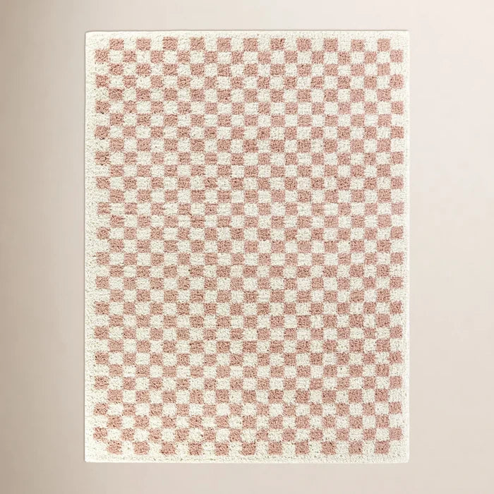 Walker Checkered Pink/Cream Shag Area Rug 8x10