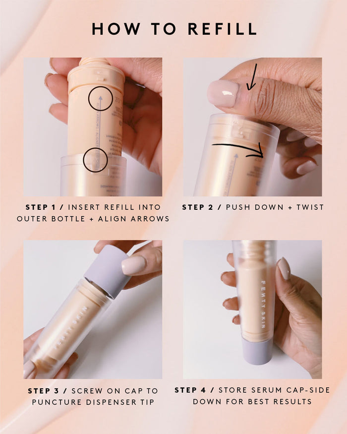 Step-by-step instructions on how to refill the Watch Ya Tone serum container.