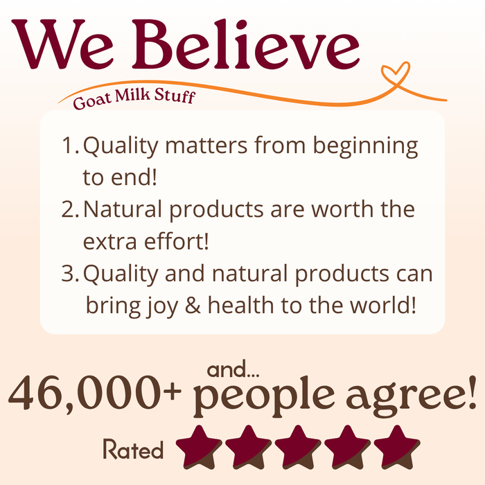 Text on a beige background with 'We Believe' and product values, featuring a star rating and number of agreeing people.