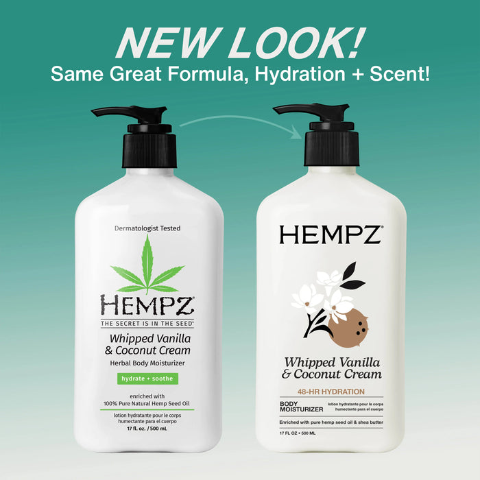 Two bottles of Hempz Whipped Vanilla & Coconut Cream on a gradient green background with text about new look and formula