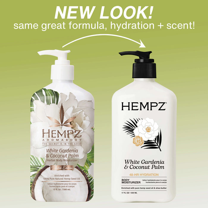 Two Hempz body wash bottles with a green background and text indicating a new look.