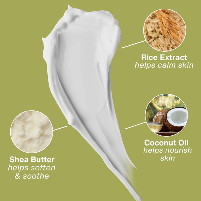 White cream with rice extract, shea butter, and coconut oil on a green background