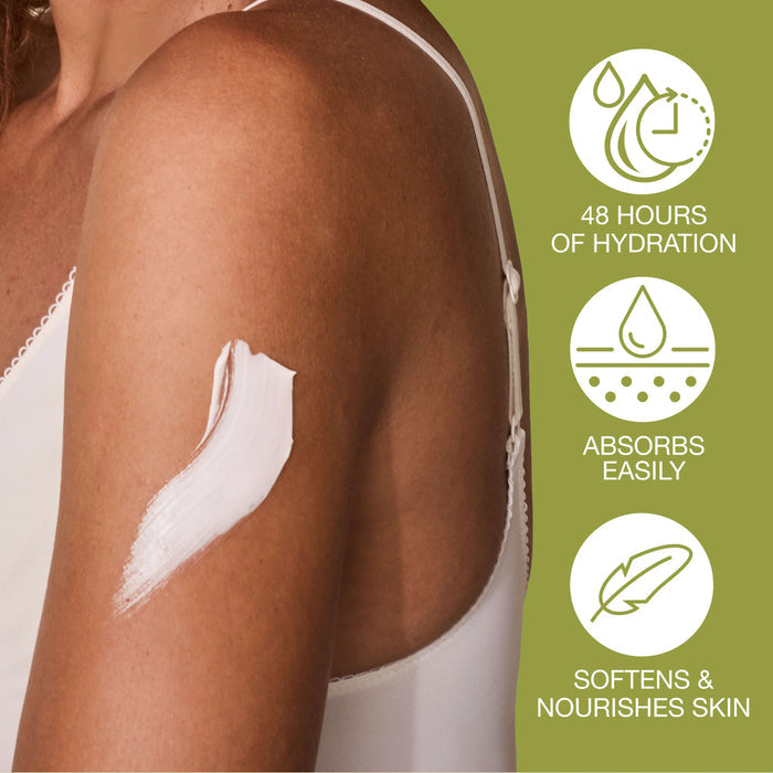 Woman applying sunscreen to her arm with product features highlighted on a green background