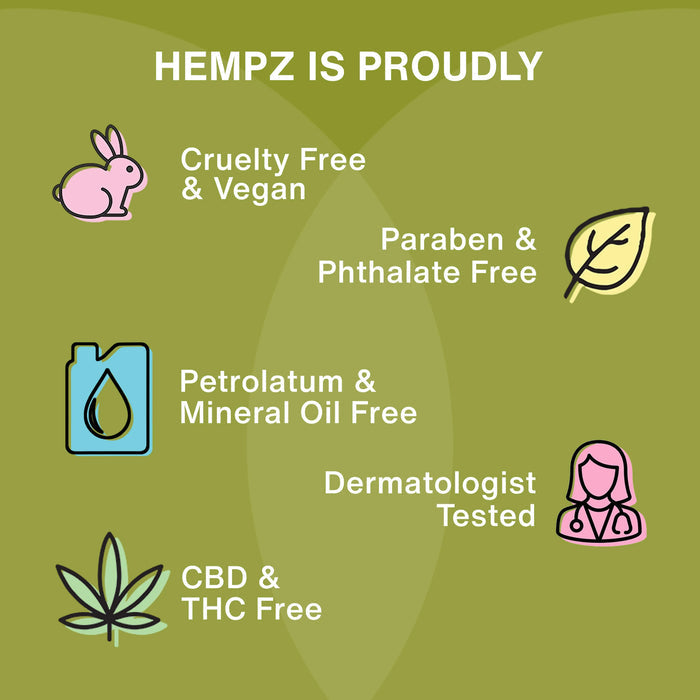 Hempz product label with icons and text on a green background