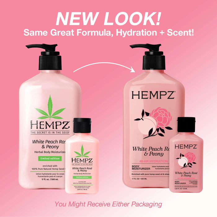 Hempz White Peach Rose & Peony Herbal Body Moisturizer bottles with pink packaging on a pink background
