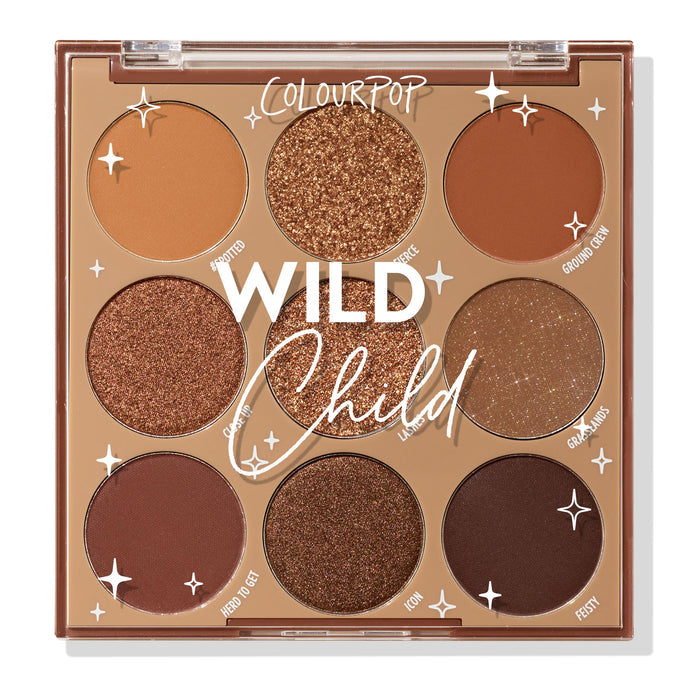 ColourPop Wild Child shadow palette displays nine warm brown neutrals - matte, metallic, and glitter - arranged 3x3 in a tan compact with a clear lid, shade names like Spotted, Fierce, Ground Crew, and Feisty visible; studio product shot on white.