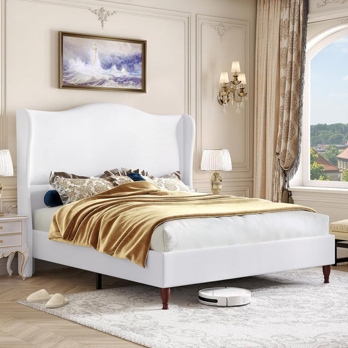 Wingback Platform Bed with White Headboard King Size