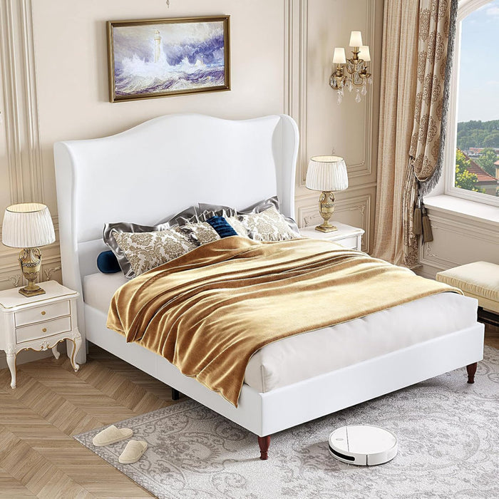 Wingback Platform Bed with White Headboard King Size