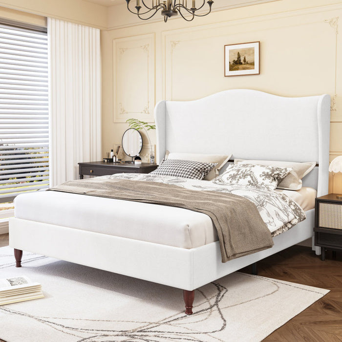 Wingback Platform Bed with White Headboard King Size